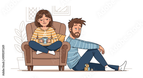 A woman sitting in an armchair with a cup of coffee and a man sitting on the floor beside her.