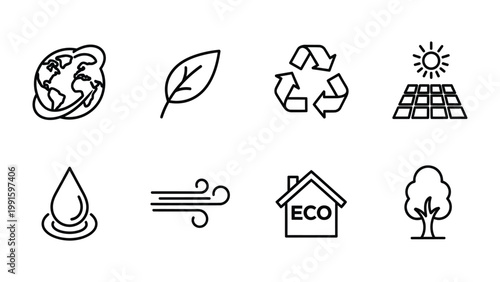 Environmental Icons Collection: A collection of simple, clear icons, illustrating concepts vital to environmental sustainability and conservation. Includes the earth, a leaf, recycling symbol.