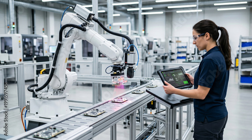 Female engineer using tablet to supervise robotic arms on automated assembly line in smart factory. Industrial automation, manufacturing technology, digital monitoring, robotics, Industry 4.0 product.