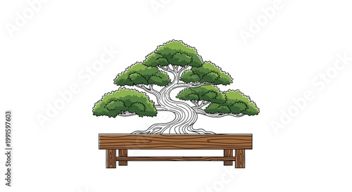 Bonsai tree on wooden table.