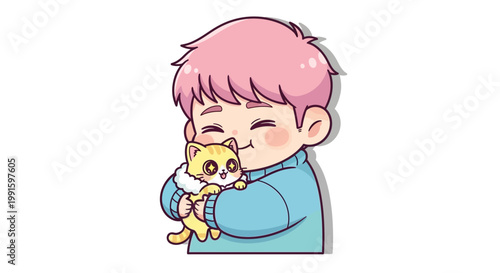 Boy Hugging Yellow Cartoon Cat.