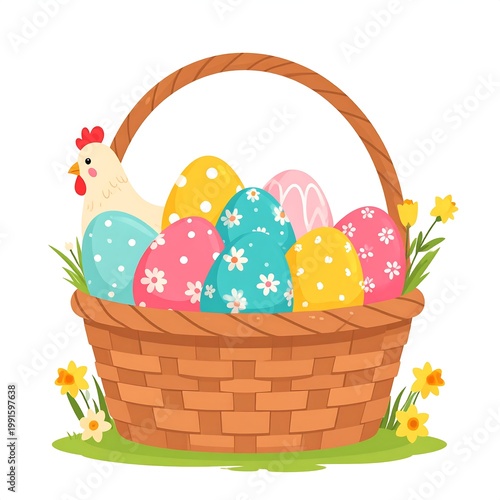 Easter Basket With Colorful Decorated Eggs And A Cute Chicken Vector Illustration Isolated On White Background With Spring Flowers