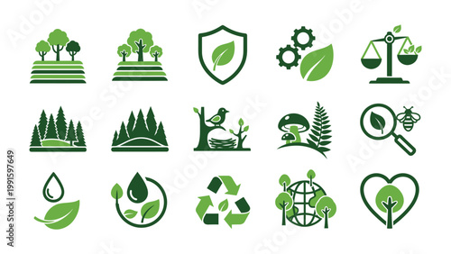 Eco-Friendly Icon Array: A collection of meticulously crafted, clean, and vibrant icons representing diverse facets of eco-friendliness, sustainability, and nature.