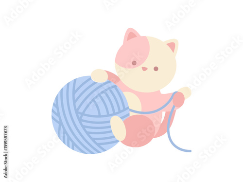 Cute Pink and White Kitten Playing with a Blue Ball of Yarn Vector Illustration.