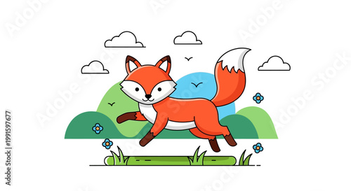 Cartoon Fox Running in Field.