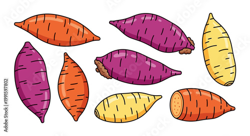 Colorful sweet potatoes in various shapes.
