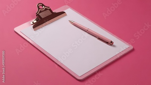 Blank white notepad on pink clipboard with pen and calculator for business planning