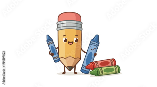 Smiling cartoon pencil with colorful crayons.