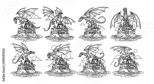 Line art illustration of dragons with castles on islands in the clouds
