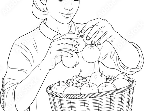 Hand drawn line art of a person harvesting fresh fruits in the garden.
