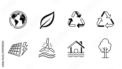 Eco-Friendly Icons: A collection of minimalist line icons representing concepts such as global sustainability, recycling, and renewable energy, Ideal for eco-conscious designs.