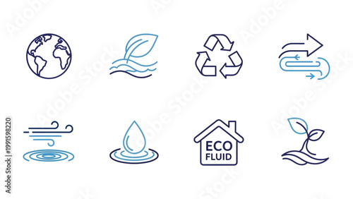 Eco-Friendly Icons: A collection of clean, modern icons representing concepts of sustainability, conservation, and environmental protection, with a focus on recycling, renewable resources.