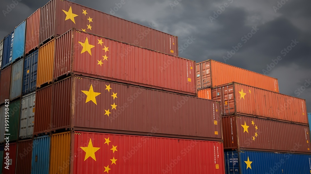 Fototapeta premium Stacked shipping containers, Chinese flag design, cargo shipment, logistics background