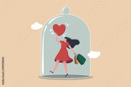 Woman shopping and holding a heart inside a glass dome vector cartoon illustration isolated on transparent background