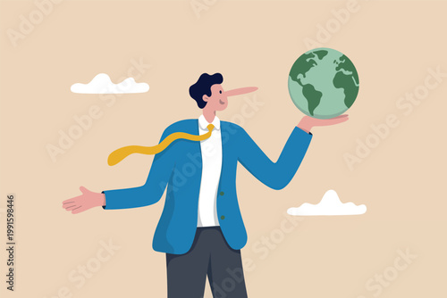 Businessman with a long nose holding the world globe vector cartoon illustration isolated on transparent background
