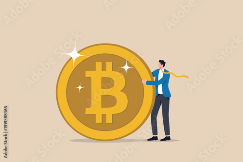 Businessman pushing a large golden bitcoin coin vector cartoon illustration isolated on transparent background