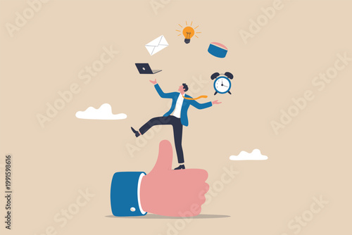 A businessman balancing and juggling various work-related icons like a laptop, email, lightbulb, and alarm clock while standing on a giant thumbs up sign.