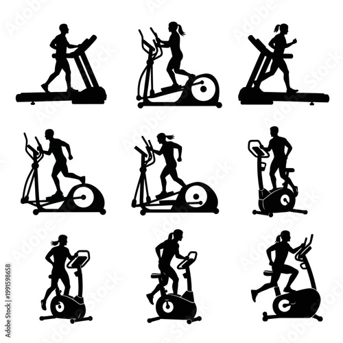 Silhouettes of People Exercising on Various Fitness Machines and Exercise Bikes in Gym


