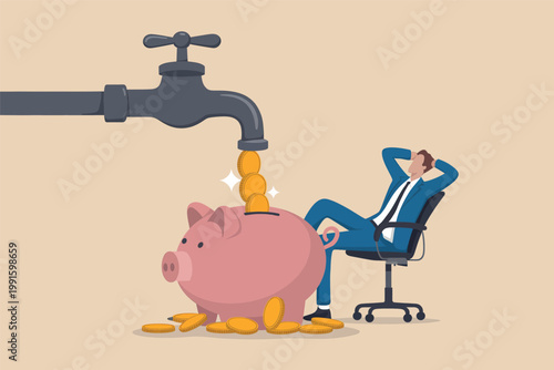 Passive income concept with a businessman relaxing while money flows into a piggy bank vector cartoon illustration isolated on transparent background