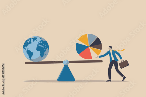 Businessman balancing a globe and a pie chart on a seesaw vector cartoon illustration isolated on transparent background