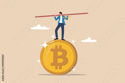 Businessman balancing on a bitcoin coin vector cartoon illustration isolated on transparent background