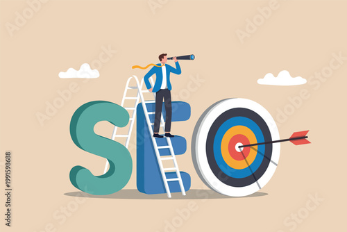 Businessman using a telescope on top of a ladder leaning against seo letters with a target vector cartoon illustration isolated on transparent background