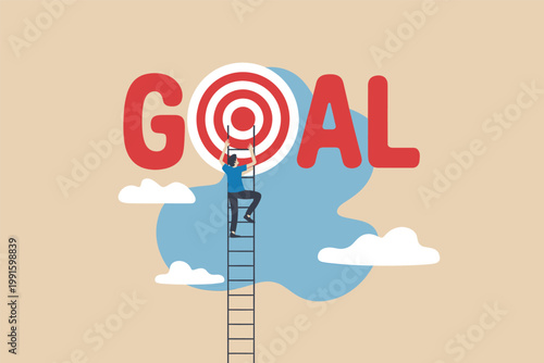 Person climbing a ladder to reach the target of a goal vector cartoon illustration isolated on transparent background