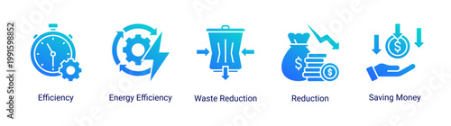 Kaizen efficiency icon set featuring cost reduction,energy efficiency,and lean management.Icon set for lean operations,cost saving,and efficiency improvement in business and industry.