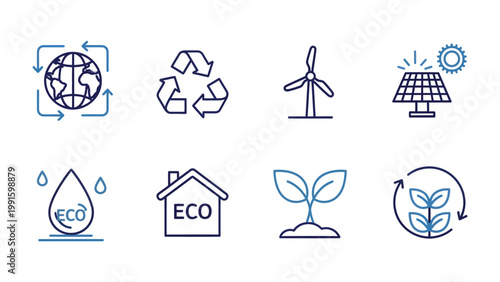 Green Initiative Icons: A collection of meticulously crafted icons symbolizing a commitment to eco-conscious practices and sustainability. They represent a range of environmental concepts.