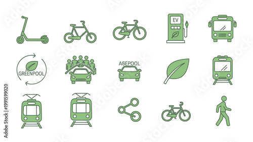 Sustainable Transportation Icons: A collection of meticulously crafted icons represents a spectrum of environmentally-friendly transport options.