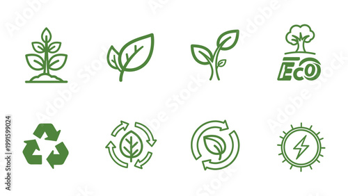 Eco-Friendly Icons: A collection of meticulously crafted green icons, each a testament to environmental consciousness, including symbols for sustainable growth, renewable energy.