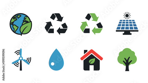 Eco-Friendly Icon Set: A vibrant collection of symbols representing the core principles of environmental sustainability and renewable energy.