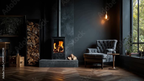 Cozy modern living room with wood burning stove and armchair
