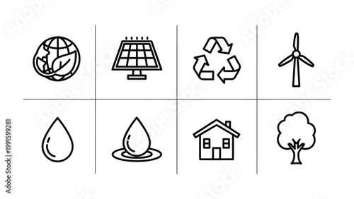 Eco-Friendly Icons: A collection of meticulously crafted line icons representing sustainable practices, renewable energy sources, and environmental conservation.
