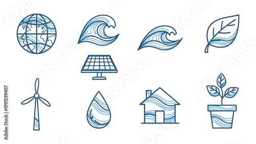 Sustainable Harmony: Collection of hand-drawn environmental icons, each symbolizing key elements crucial for a harmonious and sustainable future, promoting a eco-conscious lifestyle.