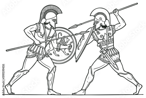 Vintage vector engraving of two ancient Greek warriors in combat, wearing helmets and carrying shields and spears in a classical battle scene.