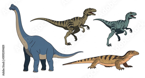 Collection of prehistoric dinosaurs and ancient reptiles illustration.