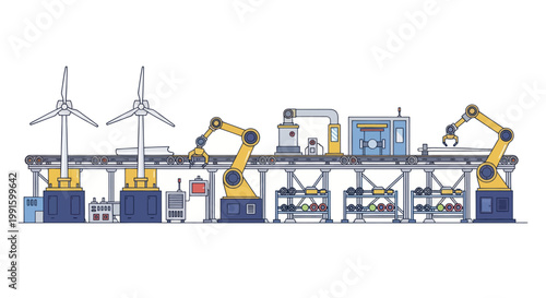 Automated factory production line with robotic arms and wind turbines.