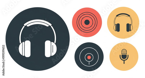 Collection of music icons including headphones microphone and vinyl records.