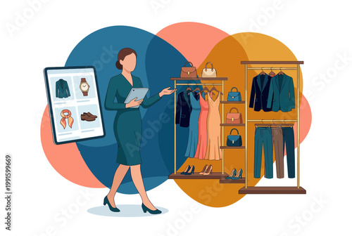 Modern Digital Retail Experience with Fashion Stylist and Tablet