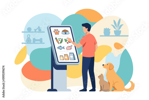 Modern pet supply shopping experience with digital interactive kiosk