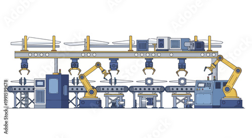 Automated factory production line with robotic arms assembling products.