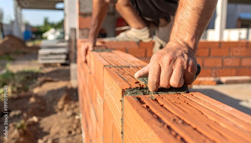 Residential Wall Foundation Construction: Bricklayer Working on New Home Build