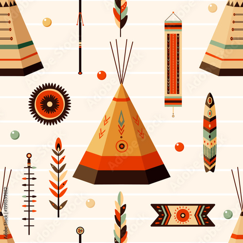 Vector seamless pattern (tiling) with American Indian tribal ornament and teepee. Endless texture can be used for pattern fills, t-shirt print, web page background, fabric design, scrapbooking paper