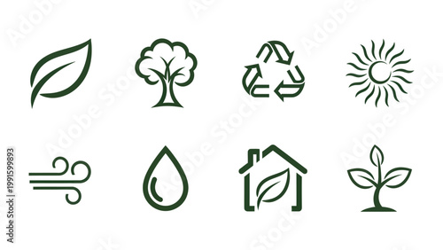 Foto Eco-Friendly Symbols: A collection of minimalist illustrations embodies nature and sustainability, creating a visual symphony of leaves, trees, recycling, sun, wind, water, house, and plant
