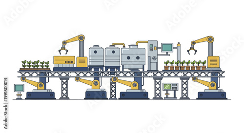 Automated Industrial Production Line with Robotic Arms.