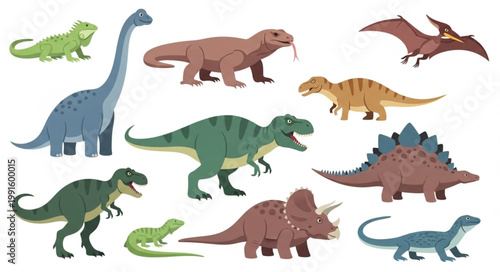 Collection of Diverse Prehistoric Dinosaurs and Reptiles Illustration.