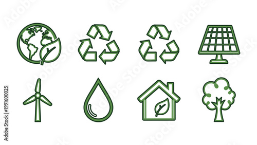 Eco-Friendly Icons: Set of environmentally conscious symbols, promoting sustainability, recycling, and green living.