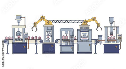 Automated Industrial Production Line with Robotic Arms.