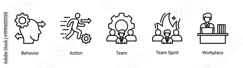 Kaizen team and behavior icon set representing team collaboration,behavior,and workplace culture in kaizen methodology.Ideal for HR,teamwork,and organizational development projects.